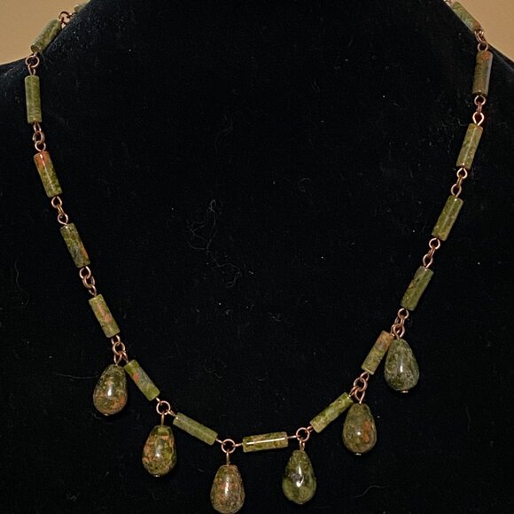 Rustic Natural Green Waterdrop Unakite Necklace, Genuine Gemstone + Copper Chain - Picture 3 of 12